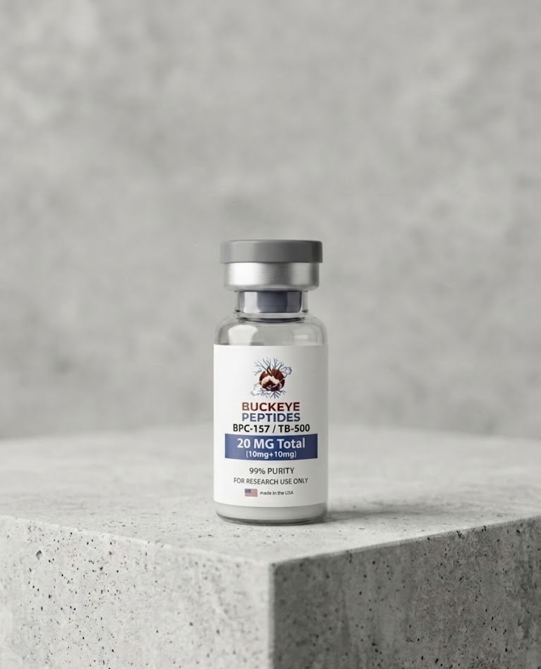 20mg vial of BPC-157/TB-500 peptide blend research-grade powder for tissue dynamics and cellular migration studies.