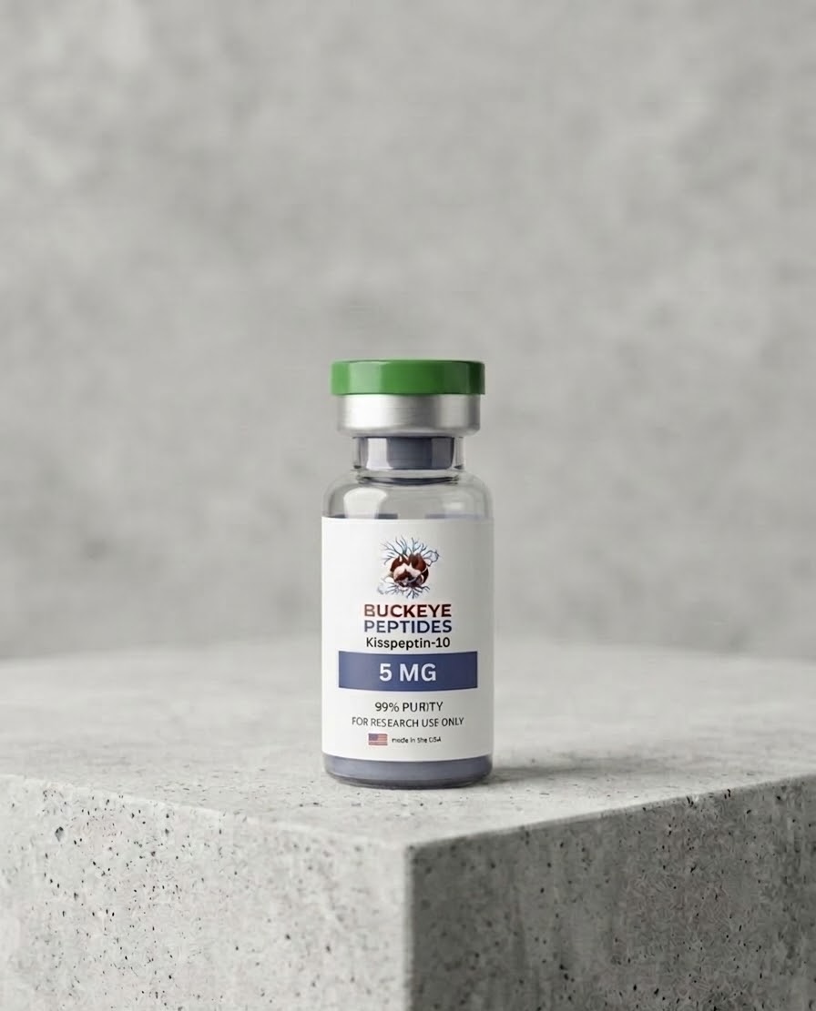 5mg vial of Kisspeptin-10 lyophilized research-grade peptide powder for GPR54 signaling studies.