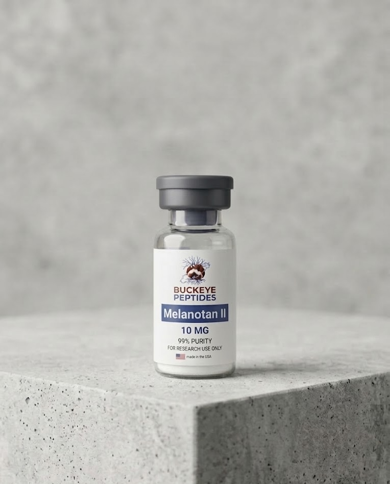 10mg vial of Melanotan II lyophilized research-grade peptide powder for melanocortin receptor research.