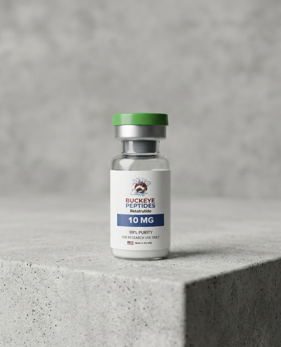 10mg vial of Retatrutide lyophilized research-grade peptide powder for multi-receptor metabolic research.